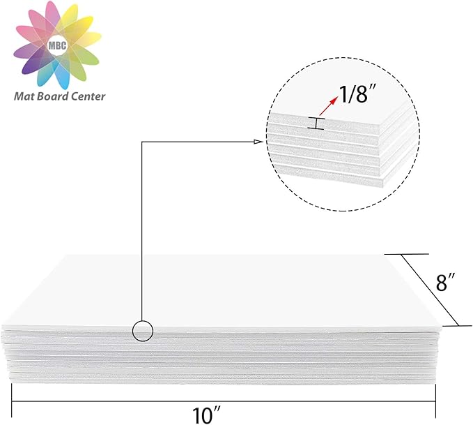 Mat Board Center, Pack of 10 Acid-Free Foam Boards, 8x10 inch White Foam Boards, 1/8" Thick