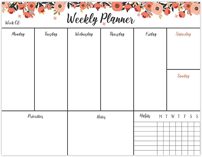 Global Printed Products 8.5" x 11" Horizontal to-Do List and Weekly Planning Pad, 60-Sheets, Peach & Pink Floral
