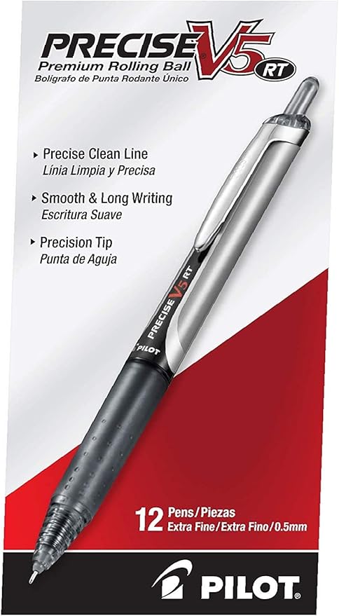 Pilot, Precise V5 RT Refillable & Retractable Rolling Ball Pens, Extra Fine Point 0.5 mm, Black, Pack of 12