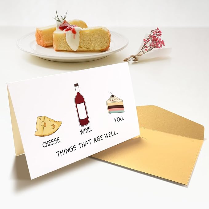 Hilarious Birthday Card for Men Women, Funny Getting Older Birthday Card for Him Her, Cute Cheese and Wine Birthday Card, Things Better With Age Bday Card