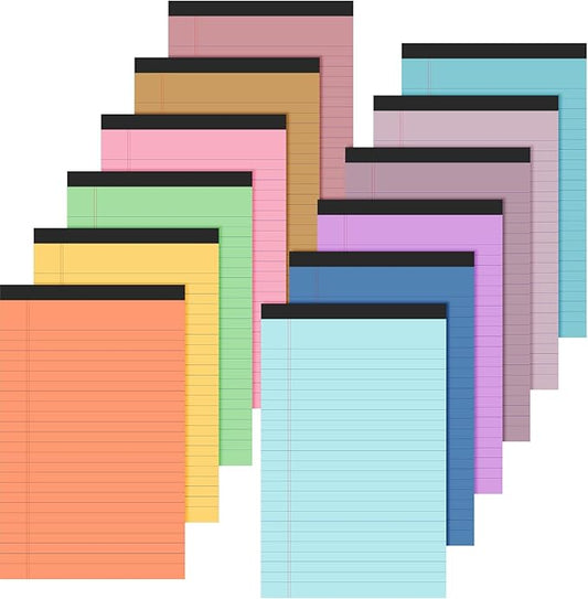 Lincia 12 Pcs 5" x 8" Colored Note Pads Mini Legal Pads Ruled 50 Sheets Per Micro Writing Pads Perforated and Lined for College Office Supplies (Bright Colors)