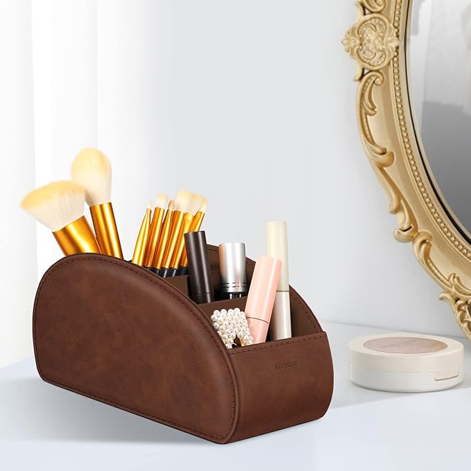 Large Remote Control Holder with 5 Compartments, KENOBEE Anti-slip Desktop Caddy Storage Organizer for Phone, Remote Controllers, Office Supplies, Makeup Brush, Media Accessories,Brown
