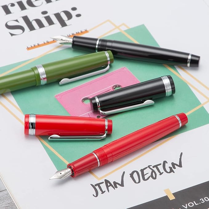 Jinhao 82 Black Acrylic Fountain Pen, Iridium Fine Nib Classic Design Smooth Writing Pen with Ink Converter (Silver Trim)