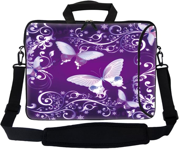 Meffort Inc 17 Inch Neoprene Laptop Bag with Extra Side Pocket, Soft Carrying Handle & Removable Shoulder Strap Fit 16" to 17.3" Size - Purple Butterflies