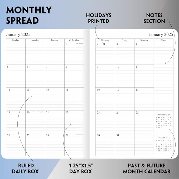 2025 Planner - Weekly and Monthly Planner Jan 2025 - Dec 2025, Holidays, Contacts and Notes Pages, Vegan Leather Cover, Elastic Closure, 5.5”x8.25”, Grey