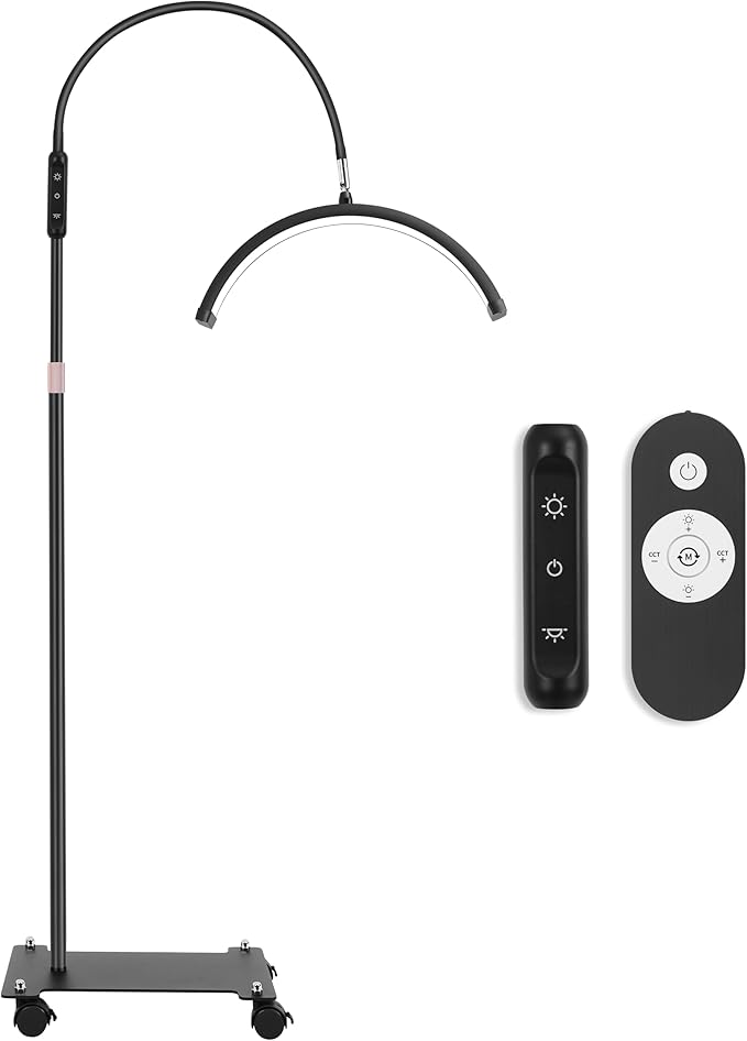 Lash Light for Eyelash Tech with Wheels, Half Moon Light for Lashes, Nails and Estheticians, LED Floor Lamp Adjustable Brightness and Color Modes (Black)