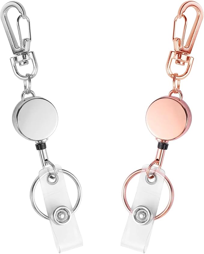 2 Pack Retractable Keychain, Carabiner Badge Holder with Retractable Cord Key Ring Id Strap, Small ID Badge Reel for Nurse,Volunteer,Teacher,Student,Woker (Silver,Rose Gold)