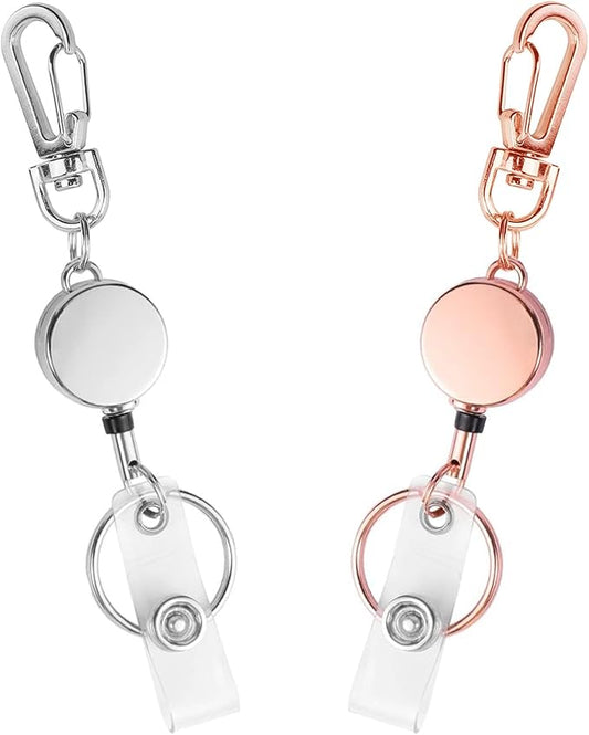 2 Pack Retractable Keychain, Carabiner Badge Holder with Retractable Cord Key Ring Id Strap, Small ID Badge Reel for Nurse,Volunteer,Teacher,Student,Woker (Silver,Rose Gold)