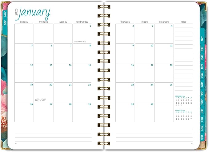 HARDCOVER 2025 Planner, 5.5"x8": 14 Months (November 2024 - December 2025), Daily Weekly Monthly Planner, Yearly Agenda, Bookmark, Pocket Folder and Sticky Note Set (Teal Floral)