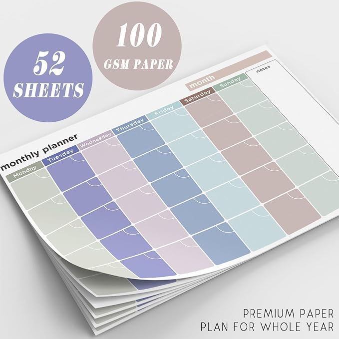 Monthly Planner –100gsm Paper, 52 Tear-off Sheets - A4 Size Undated Calendar and Scheduler - Colour Coded Days, and Notes Area - Perfect for Home and Work