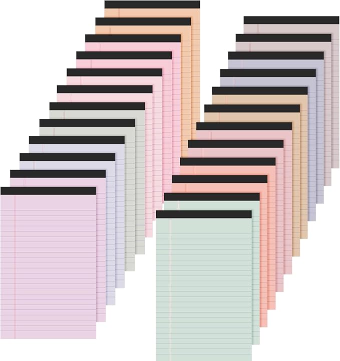 Lincia 24 Pcs 5" x 8" Colored Note Pads Mini Legal Pads Ruled 50 Sheets Per Micro Writing Pads Perforated and Lined for College Office Supplies (Sweet Colors)