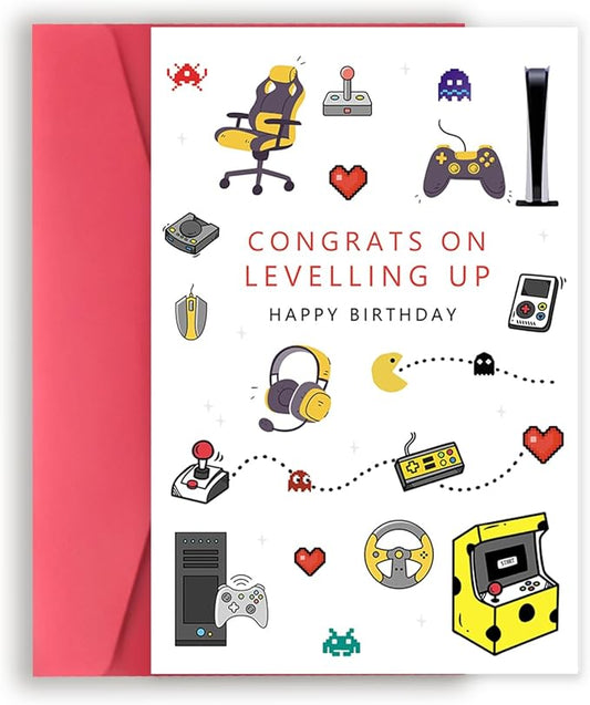 Happy Birthday Gaming Letterpress Card for Him Her, Funny Gamer Birthday Card for Son Daughter, Unique Game Boy Birthday Card, Game Birthday Party Decorations for Brother Boyfriend Husband