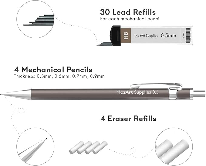 MozArt Mechanical Pencil Set with Case - 4 Sizes: 0.3, 0.5, 0.7 & 0.9mm with 30 HB Lead Refills Each & 4 Eraser Refills -Sketch, Drafting, Art, Drawing Supplies (Nickle)