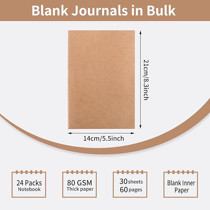 EOOUT 24 Pack Blank Kraft Notebooks, A5 Journals Notebook Bulk, Unlined Paper Sketchbooks, 8.3x5.5in 60 Pages Travel Journal Set for Journaling, Student, Kids, Writing