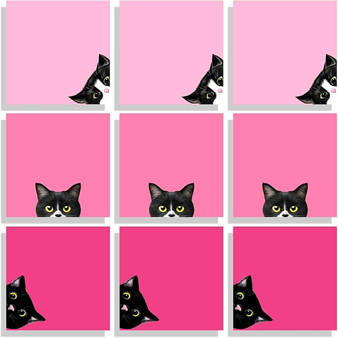 9 Pads Black Cat Sticky Notes Set, Pink Self-Stick Note Pads, Super Adhesive Memo Pads Cute Note Card for Cat Lover Gift, Teacher Office and School Supplies, 3x3in