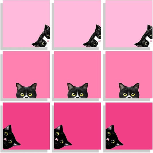 9 Pads Black Cat Sticky Notes Set, Pink Self-Stick Note Pads, Super Adhesive Memo Pads Cute Note Card for Cat Lover Gift, Teacher Office and School Supplies, 3x3in