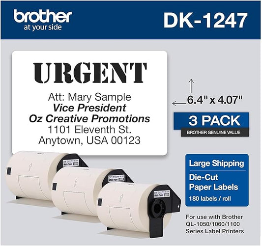 Brother Genuine DK-12473PK Die-Cut Large Shipping Paper Labels, 4.07 in x 6.4 in (103 mm x 164 mm) Large Shipping White Paper Labels, 180 Labels per Roll, (3) Rolls per Box, DK12473PK