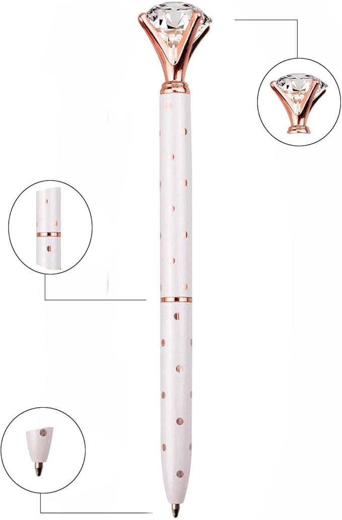3PCS Big Crystal Diamond Ballpoint Pen Bling Metal Ballpoint PenOffices and schools, silver/White With Polka Dots/Rose Gold With Polka Dots, Includes 3 Pen Refills
