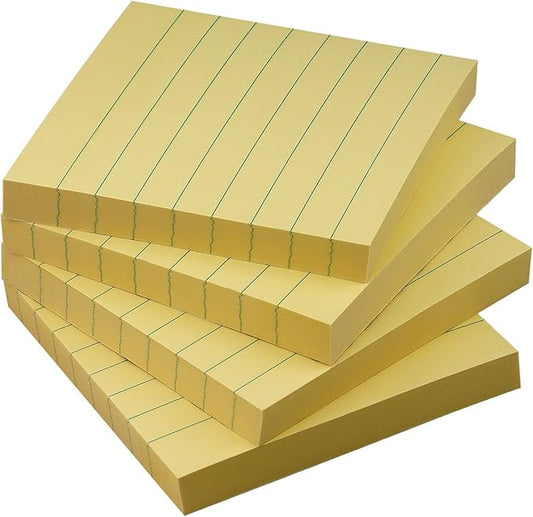 Lined Sticky Notes 3x3 Sticky Notes with Lines Self-Stick Notes Bright Color 4 Pads 90 Sheets/Pad (Yellow)
