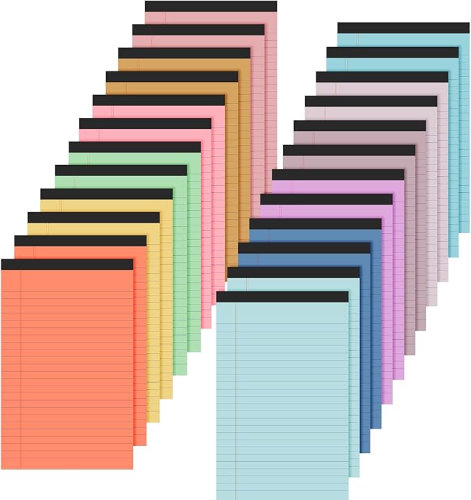 Lincia 24 Pcs 5" x 8" Colored Note Pads Mini Legal Pads Ruled 50 Sheets Per Micro Writing Pads Perforated and Lined for College Office Supplies (Bright Colors)