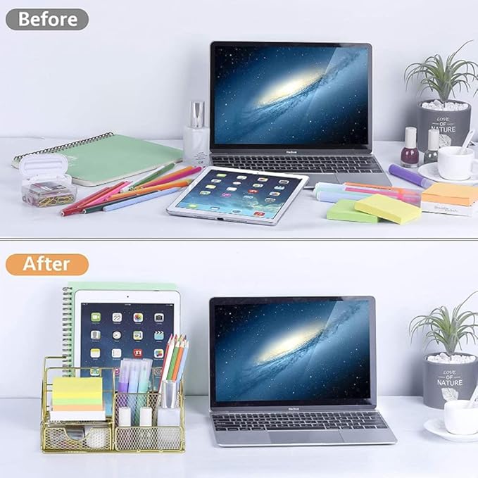 JUOPIEA Desk Organizers and Accessories Office Supplies Organizer with Pen Holder, 72 Clips Set and Phone Stand, Metal Mesh Desktop Organizers with Drawer for Home, Office, School Ect (Gold)