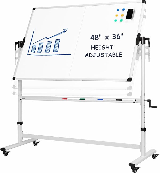 TANKEE Mobile Whiteboard 48 X 36 Inches Height Adjustable Large Standing White Board on Wheels, Rolling Double-Sided Magnetic Dry Erase Board for Office School Classroom Home