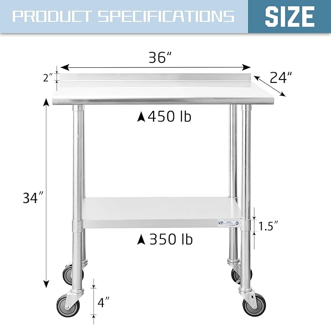 HALLY Stainless Steel Table for Prep & Work 24 x 36 Inches with Caster Wheels, NSF Commercial Heavy Duty Table with Undershelf and Backsplash for Restaurant, Home and Hotel