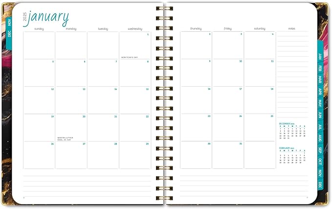 HARDCOVER 2025 Planner, 8.5"x11": 14 Months (November 2024 - December 2025), Daily Weekly Monthly Planner, Yearly Agenda, Bookmark, Pocket Folder and Sticky Note Set (Dark Gold Marble)