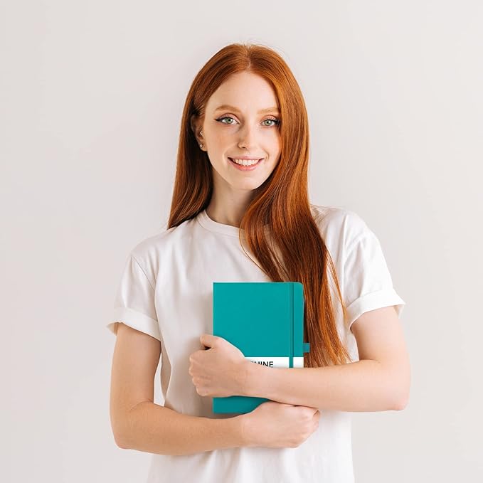 Dotted Journal/Notebook - Dot Grid Hard Cover Notebook, Premium Thick Paper with Fine Inner Pocket, Black Smooth Faux Leather, Pen Loop, 5.3'' x 8.26'' - Cyan