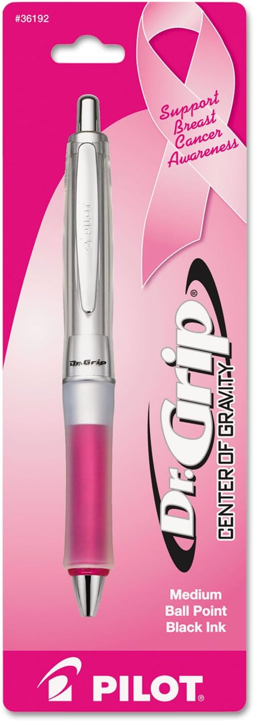 PILOT Dr. Grip Center of Gravity - Breast Cancer Awareness Refillable & Retractable Ballpoint Pen, Medium Point, Pink Barrel, Black Ink, Single Pen (36192)