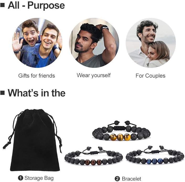 M MOOHAM Natural Stone Bracelets for Men - 8mm Tiger Eye | Matte Agate | Lava Rock Bracelets for Men Teen Boys Gifts Birthday Anniversary Christmas Gifts for Men Teens