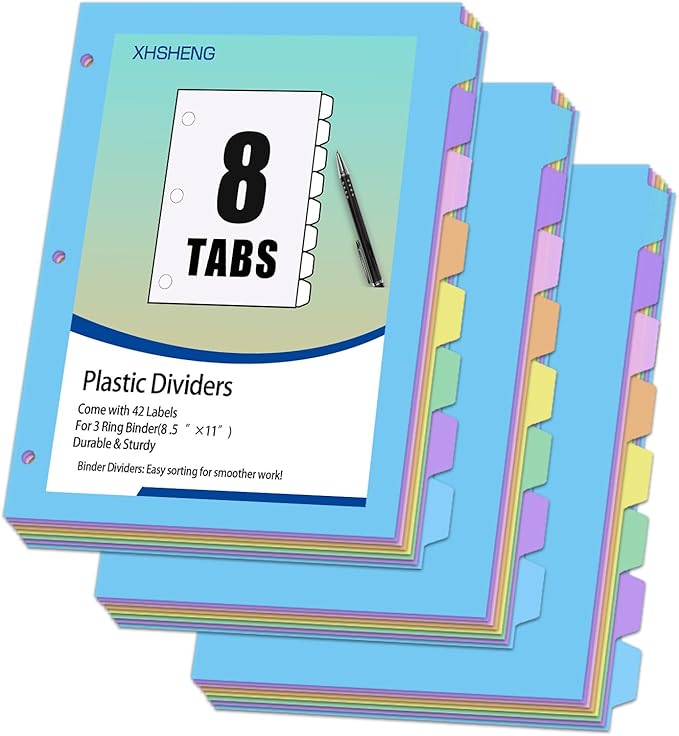 24Pcs/3 Sets Binder Dividers for 3 Ring Binder,8 Tab Plastic Dividers with Tabs, Pastel Color File Dividers, Notebook Dividers for School, Office