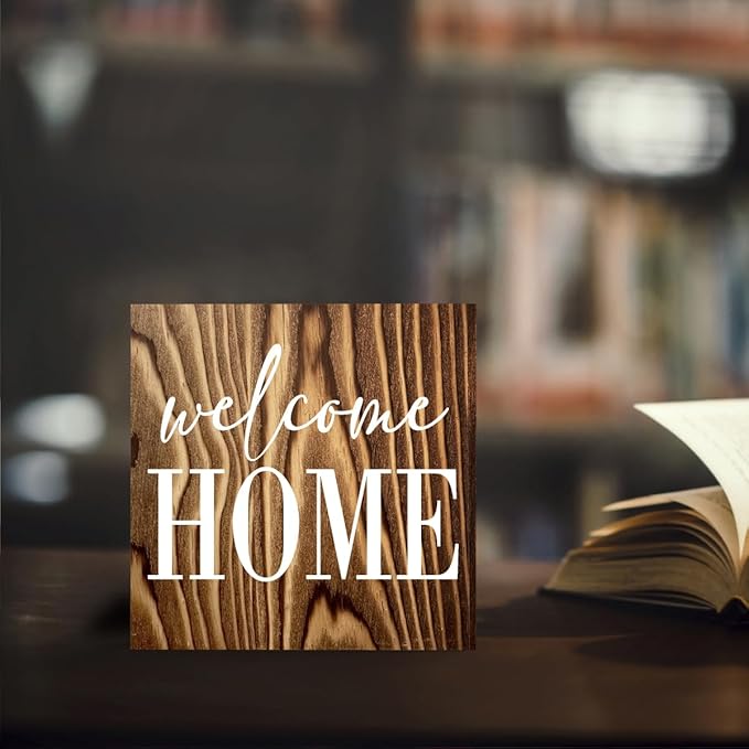 Welcome Home Sign Home Decor Desk Decor Wooden Box Sign Rustic Wood Block Plaque Box Sign for Women Family Friends Farmhouse Living Room Kitchen Bedroom Shelf Table Decoration Roasted Color