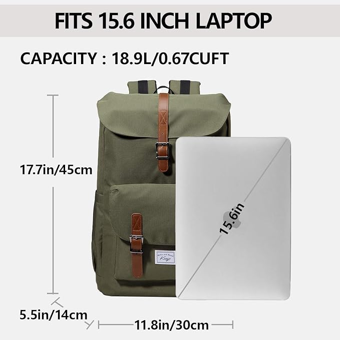 Kasqo Backpack for Men and Women, 15.6 Inch Laptop Backpack Large Capacity Water Resistant Drawstring Flap Bag, Green