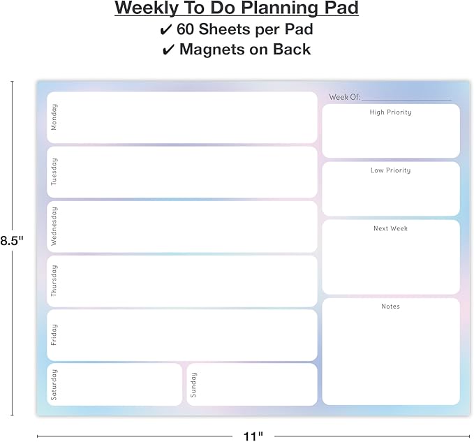 Global Printed Products 8.5" x 11" Horizontal to-Do List and Weekly Planning Pad, 60-Sheets, Pastel