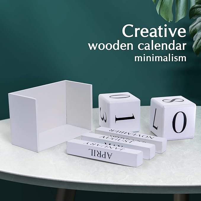 Notakia Perpetual Calendar Wooden Block Calendar for Office Desk Calendar Plank Table Daily Desk Calendar Accessories Block Dates (Large White)