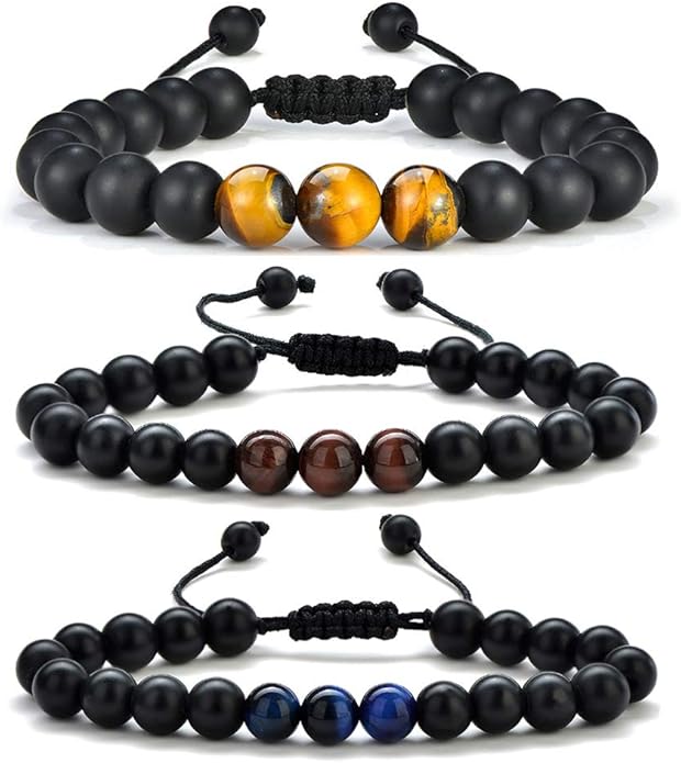 M MOOHAM Natural Stone Bracelets for Men - 8mm Tiger Eye | Matte Agate | Lava Rock Bracelets for Men Teen Boys Gifts Birthday Anniversary Christmas Gifts for Men Teens