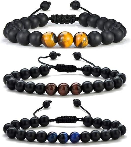 M MOOHAM Natural Stone Bracelets for Men - 8mm Tiger Eye | Matte Agate | Lava Rock Bracelets for Men Teen Boys Gifts Birthday Anniversary Christmas Gifts for Men Teens