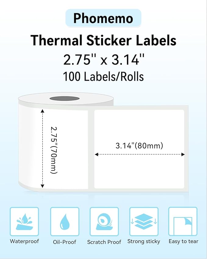 Phomemo M220 Labels-Thermal Sticker Labels 2.75''x3.14''(70x80mm) Thermal Label for M221/M220/M200, for Barcode/Address/Mailing/Logo/Business/Home Tag