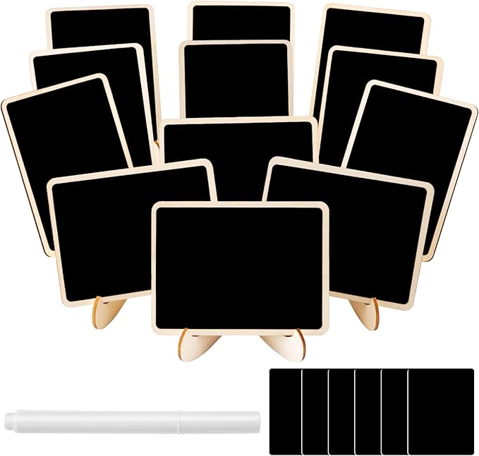 12 Pcs Rectangle Mini Chalkboard Signs, Small Chalkboard Labels with Easel Stand, Wooden Blackboard for Table Numbers, Food Signs, Wedding Signs, Place Cards and Party, 1 Liquid Chalk