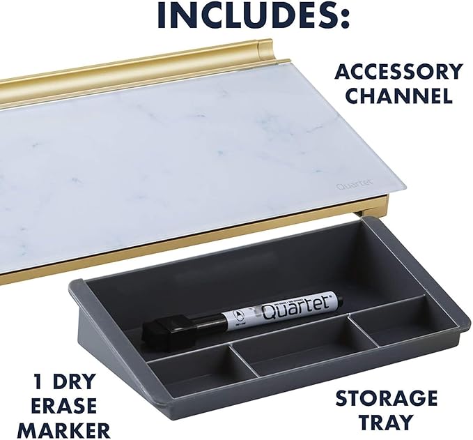 Quartet Glass Dry Erase White Board, Desktop Computer Pad for Notetaking, 18" x 6" Whiteboard, Clean Erase Surface with Storage, 1 Dry Erase Marker, Marble Surface (GDP186M)
