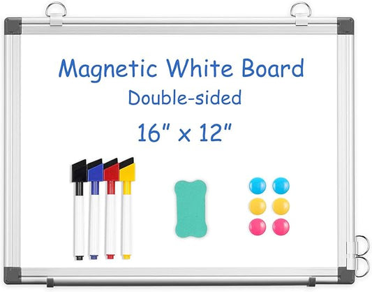WALGLASS Double-Sided White Board, 16" x 12" Small Dry Erase Board Magnetic Whiteboard for Wall, Hanging Mounted Whiteboard Silver Aluminium Frame for Home, School, Office, Kitchen