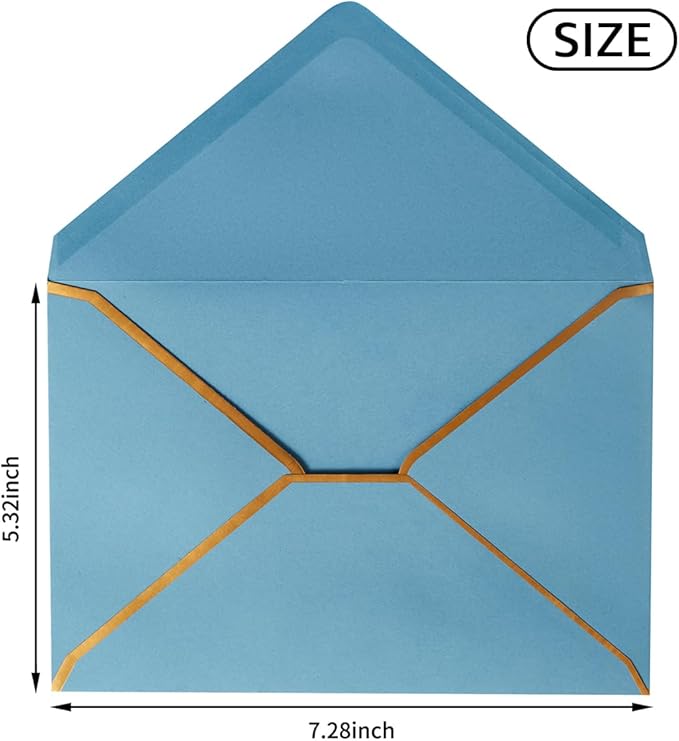 50 Pack A7 Envelopes Dusty-Blue 5 x 7 Self-Adhesive V Flap Envelopes with Gold Border for Office, Greeting Card, Wedding, Graduation, Baby Shower, Parties, Invitations