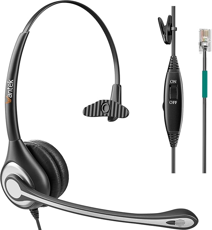 Wantek Telephone Headset Corded RJ9 Headphone with Mic & Noise Cancelling Phone Headsets Compatible with Plantronics Polycom VVX310 410 Yealink S12 Avaya 1408 1416, Landline Phone Headset