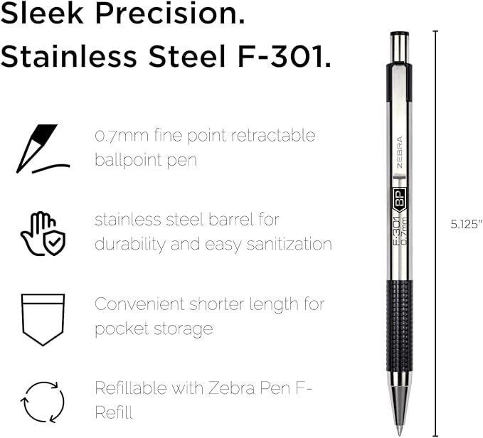 Zebra Pen F-301 Bold Ballpoint Retractable Pens, 1.6mm Point Size, Black Ink, Pack of 2 (27312)