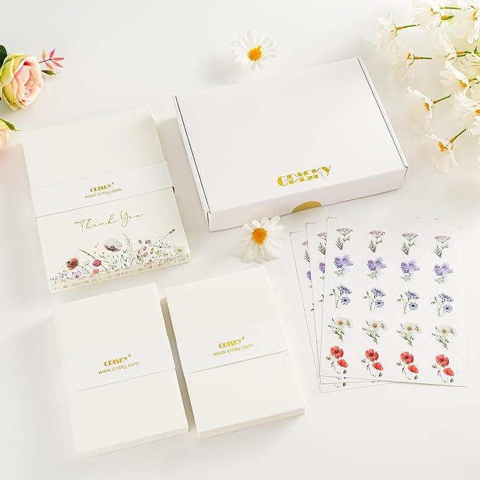 Crisky Thank You Cards 4 Assortment, Gold Foil Watercolor WildFlowers (50 Cards with Envelopes for Birthday, Baby Shower, Bridal Shower, Wedding, All Occasion)