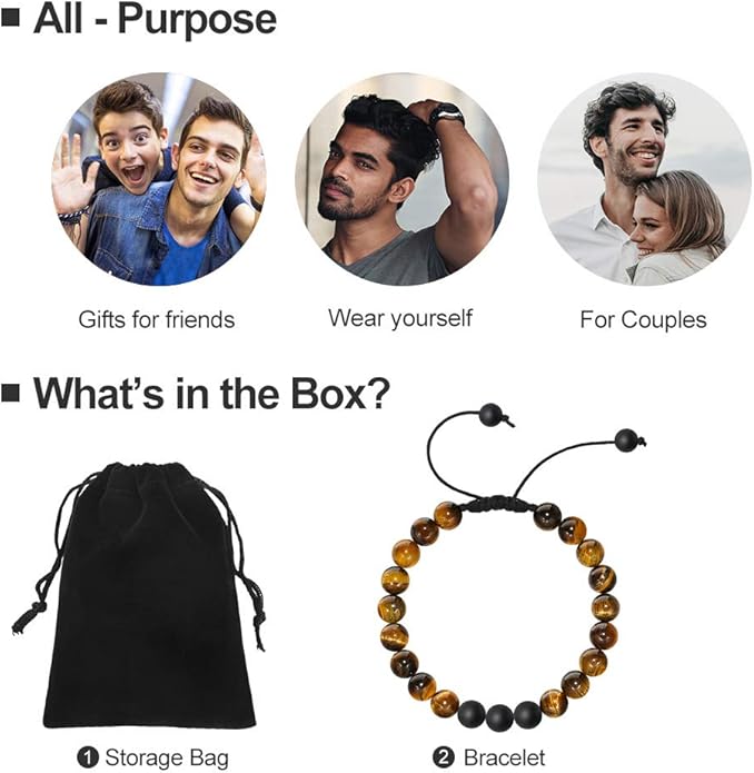 M MOOHAM Natural Stone Bracelets for Men - 8mm Tiger Eye | Matte Agate | Lava Rock Bracelets for Men Teen Boys Gifts Birthday Anniversary Christmas Gifts for Men Teens