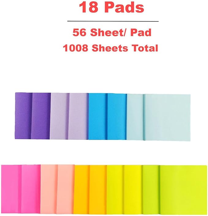Sticky Notes, 18 Pads, 3 x 3 inches, Multi-Color, Self-Stick Pads, 56 Sheets/Pad, School Supplies and Office Products(A-18 Pads)