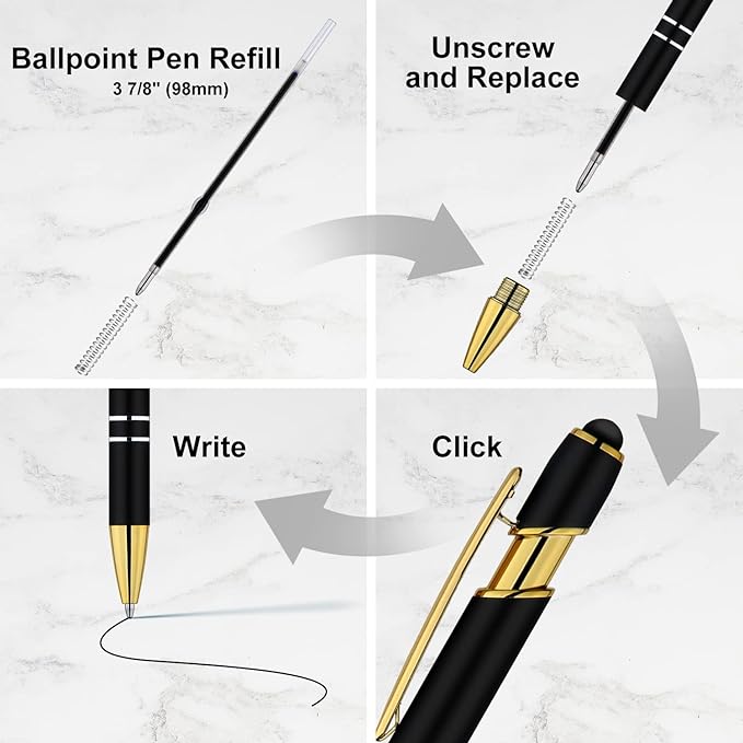 LINFANC 12 Pack Black Gold Ballpoint Pen with Stylus Tip, 1.0 mm Black Ink Smooth Writing Pens, Metal Stylus Pens for Touch Screens