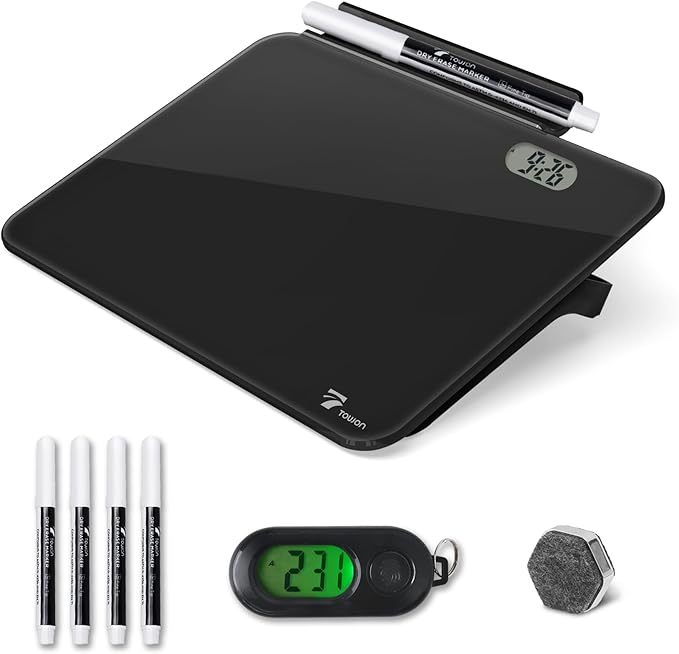 TOWON Small White Board for Desk with Clock, Small Desktop Whiteboard Glass with Pen Holder, Time Reminder Dry Erase Board, Whiteboard for Desk, Digital LCD Display, for Home Office, Black, 8 x 6 in